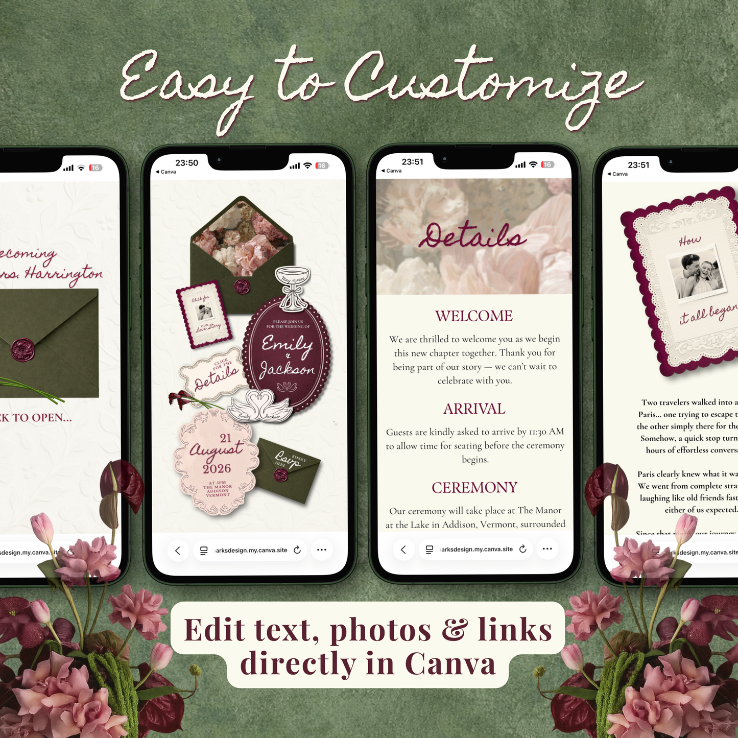 Promotional graphic for a customizable wedding invitation template set, showing four smartphone screens with sample invitation layouts and text fields, surrounded by pink flowers on a textured green background with the headline 'Easy to Customize' and a note about editing text, photos, and links in Canva.