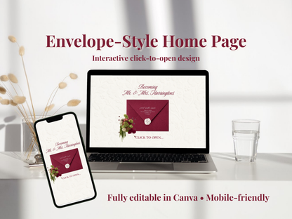 Digital mockup of an envelope-style home page design shown on a laptop and smartphone, with decorative dried stems and a glass of water on a white tabletop. Text reads 'Envelope-Style Home Page' and 'Fully editable in Canva • Mobile-friendly'.