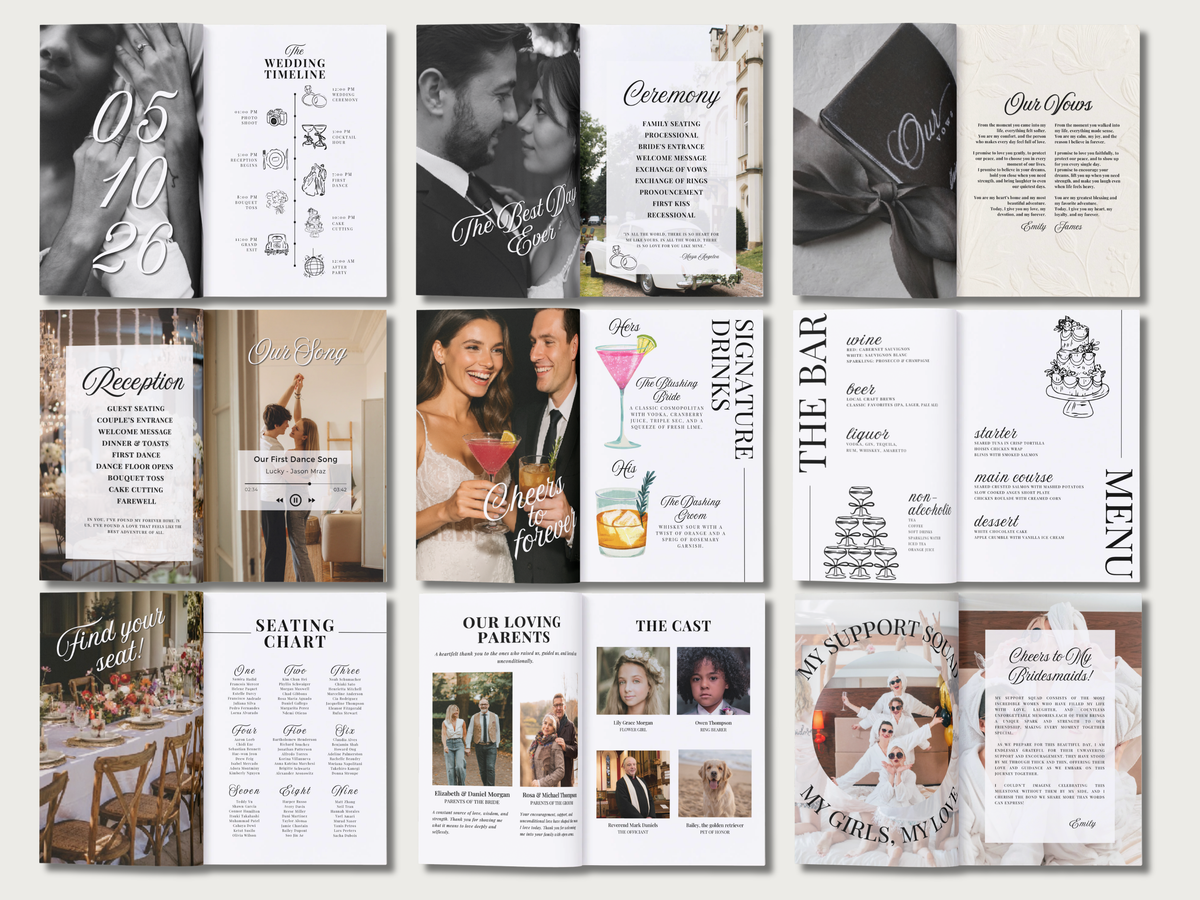 A collage of wedding invitation and program design templates arranged in a grid. The templates feature elegant typography, black-and-white portraits, venue details, seating charts, and decorative floral and cocktail motifs.