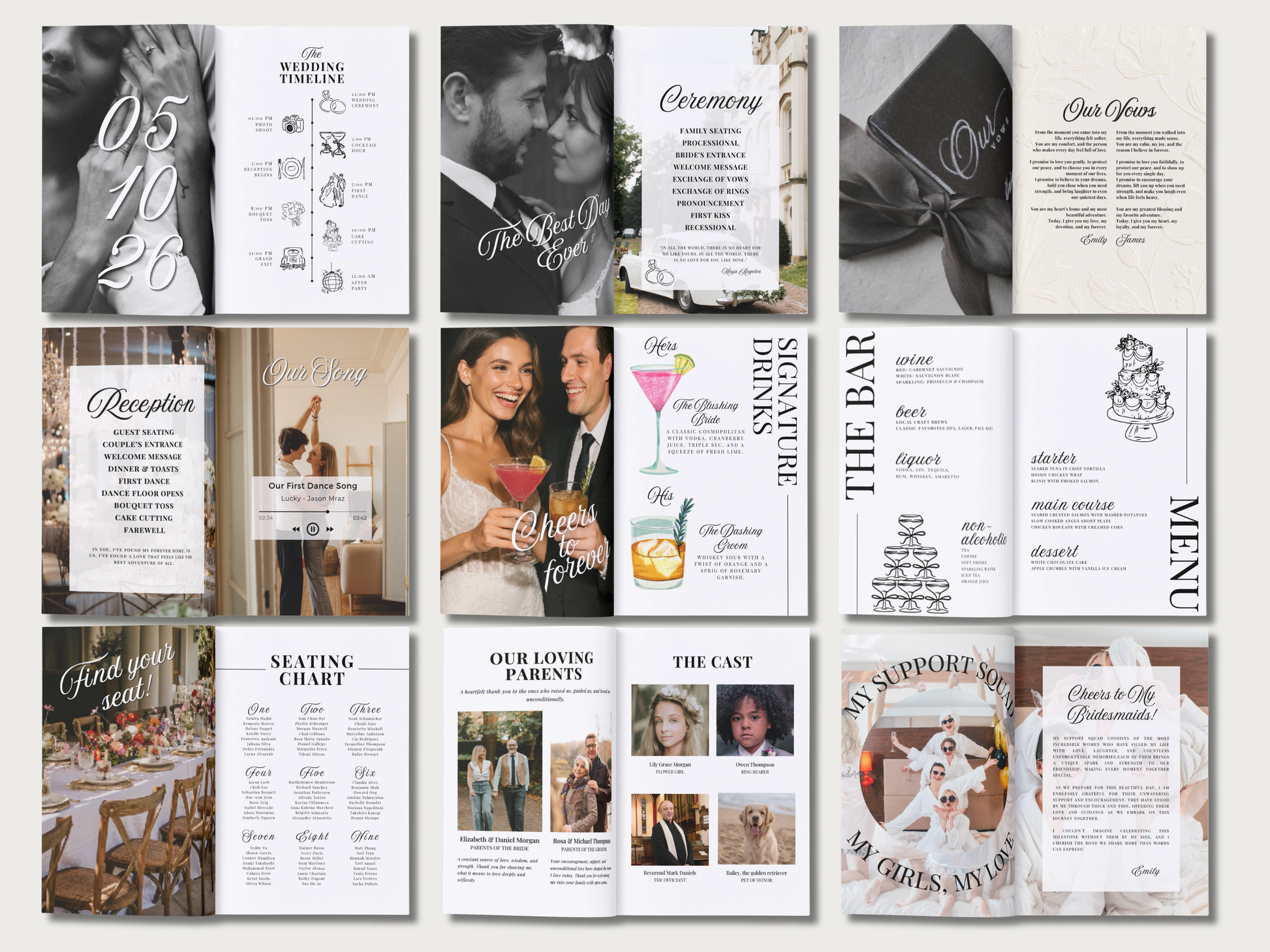 A collage of wedding invitation and program design templates arranged in a grid. The templates feature elegant typography, black-and-white portraits, venue details, seating charts, and decorative floral and cocktail motifs.