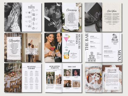 A collage of wedding invitation and program design templates arranged in a grid. The templates feature elegant typography, black-and-white portraits, venue details, seating charts, and decorative floral and cocktail motifs.