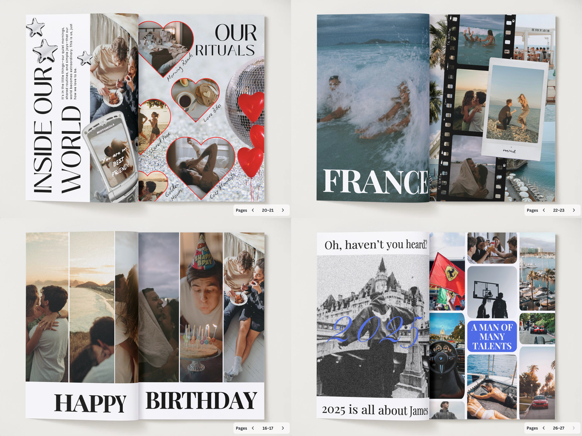 Four open photo albums arranged in a 2x2 grid on a white background. The albums feature collage-style layouts with travel and personal photographs, text such as 'OUR RITUALS,' 'INSIDE OUR WORLD,' 'FRANCE,' 'HAPPY BIRTHDAY,' and '2025 is all about [name],' plus filmstrip graphics and photo inserts.