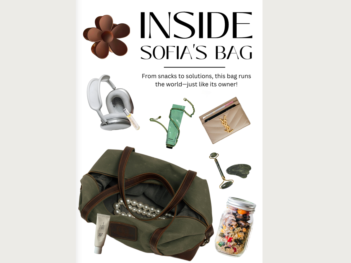 An editorial-style collage titled 'INSIDE SOFIA'S BAG' showing a green tote bag with brown trim and several accessories floating around it, including white over-ear headphones, a green strap, a beige card holder with gold hardware, a black pen, a dark stone, a small tube, and a clear jar filled with colorful candies. The text reads, 'From snacks to solutions, this bag runs the world—just like its owner!'.