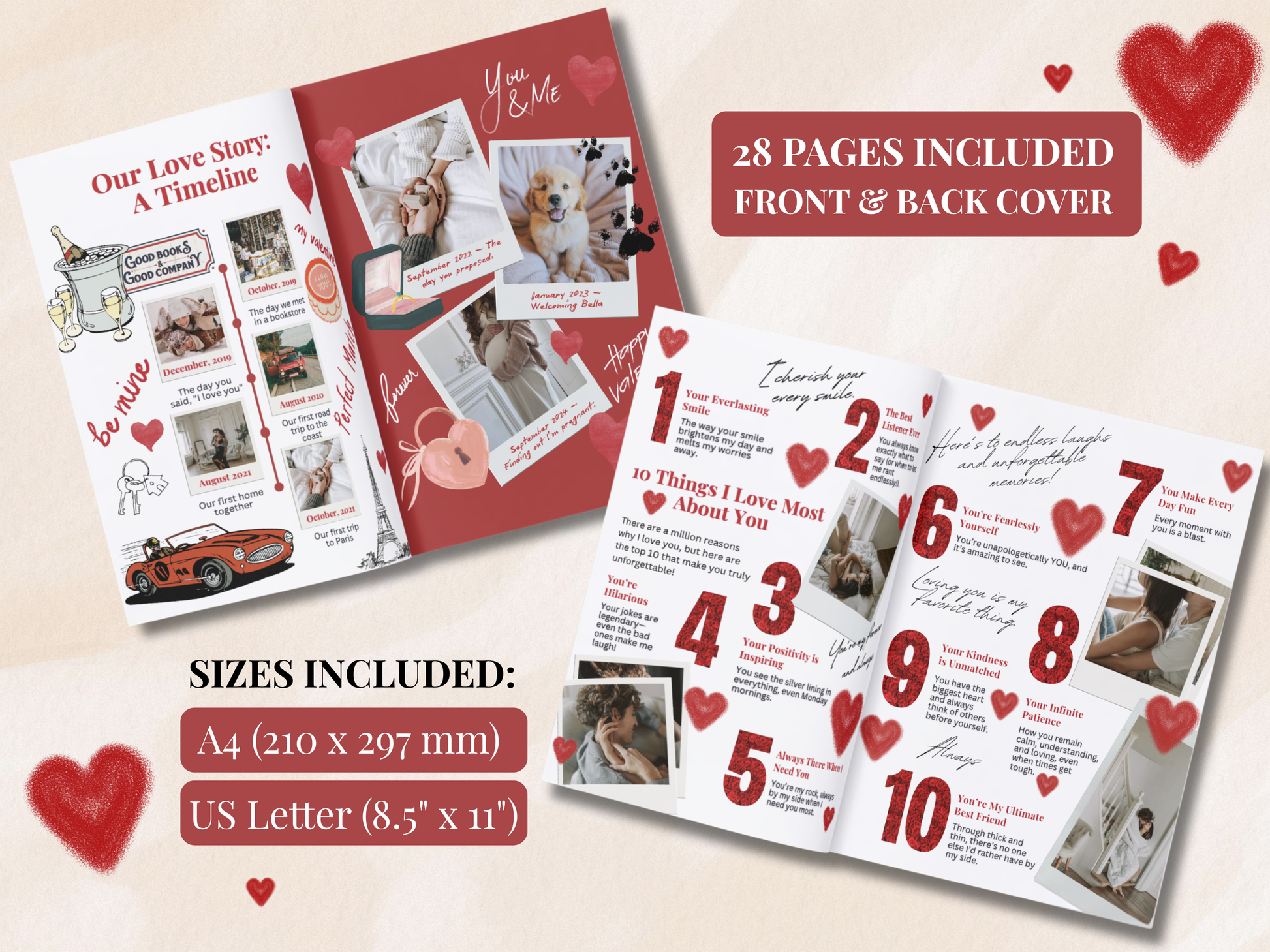 A Valentine's Day timeline photo book template shown open and closed on a light beige background with red heart graphics. The closed view shows a red and white cover with the title 'Our Love Story: A Timeline.