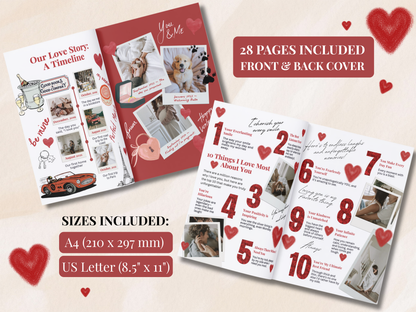 A Valentine's Day timeline photo book template shown open and closed on a light beige background with red heart graphics. The closed view shows a red and white cover with the title 'Our Love Story: A Timeline.