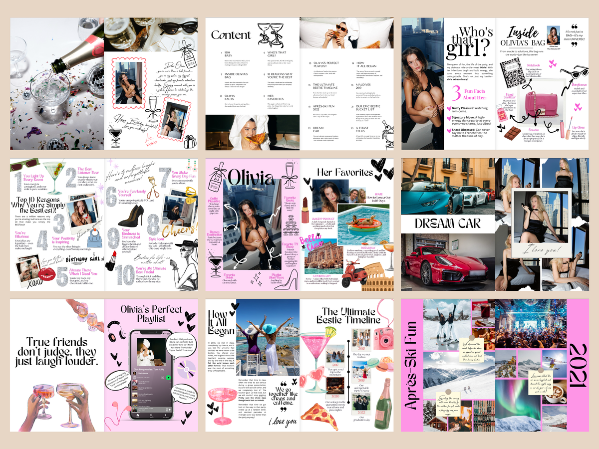 A collage of multiple social media story templates and editorial layout designs with pink, black, white, and colorful lifestyle photos, text placeholders, and decorative graphics.
