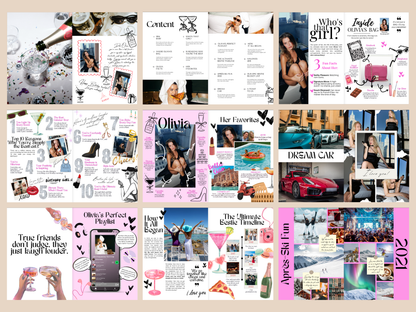 A collage of multiple social media story templates and editorial layout designs with pink, black, white, and colorful lifestyle photos, text placeholders, and decorative graphics.