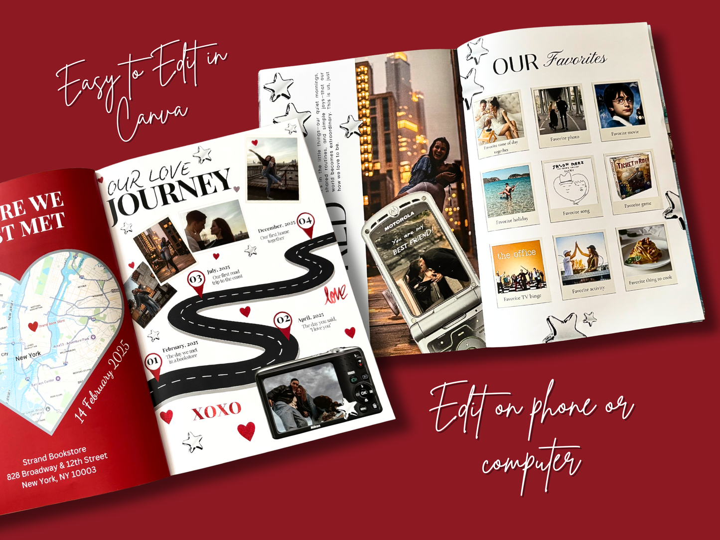 A digital mockup showing three editable photo collage templates arranged on a dark red background with promotional text reading 'Easy to Edit in Canva' and 'Edit on phone or computer.' The templates include a map layout, a winding road with photos and labels, and a favorites grid with photo tiles.
