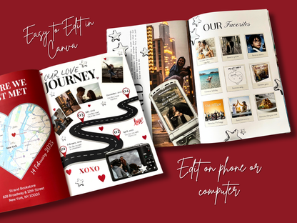 A digital mockup showing three editable photo collage templates arranged on a dark red background with promotional text reading 'Easy to Edit in Canva' and 'Edit on phone or computer.' The templates include a map layout, a winding road with photos and labels, and a favorites grid with photo tiles.
