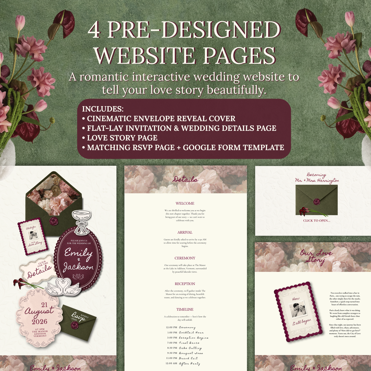 A promotional graphic for a wedding website package showing floral stationery mockups and text reading '4 PRE-DESIGNED WEBSITE PAGES.' The design includes pink and burgundy floral elements, an envelope, invitation, details page, RSVP page, and other wedding details on a textured green background.