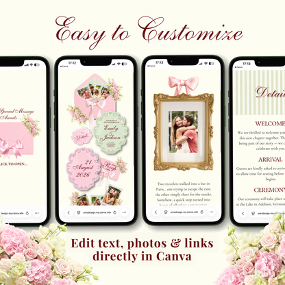 A promotional graphic showing four smartphone screens with pink and white wedding invitation designs, floral decorations, and text such as 'Easy to Customize' and 'Edit text, photos & links directly in Canva.'.