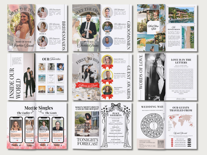 A collage of wedding stationery templates and invitation designs arranged in a grid, including invitation cards, save-the-date cards, wedding invitation inserts, and digital mockups on a white background.