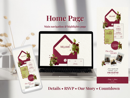Digital mockup of a wedding invitation suite displayed on a laptop and tablet screen, with a vertical card stack on the right. The design features deep burgundy and sage green floral accents on a white background, with text labels indicating 'Home Page', 'Details', 'RSVP', 'Our Story', and 'Countdown'.