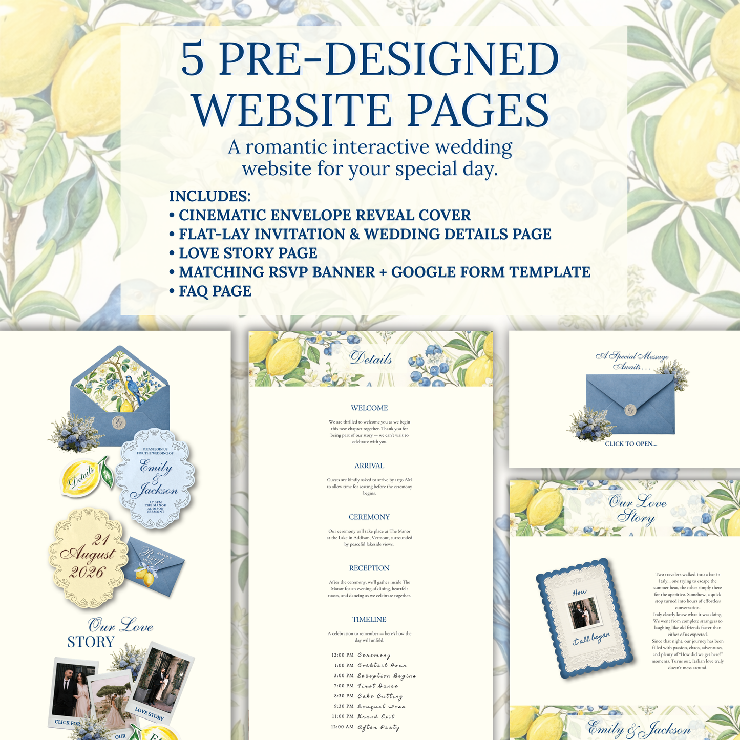 A promotional graphic for a digital wedding website package showing five pre-designed pages and matching envelope designs in a pastel floral and lemon theme. The layout includes text blocks for wedding details, our love story, ceremony, reception, and RSVP information, with envelope reveals and decorative labels.