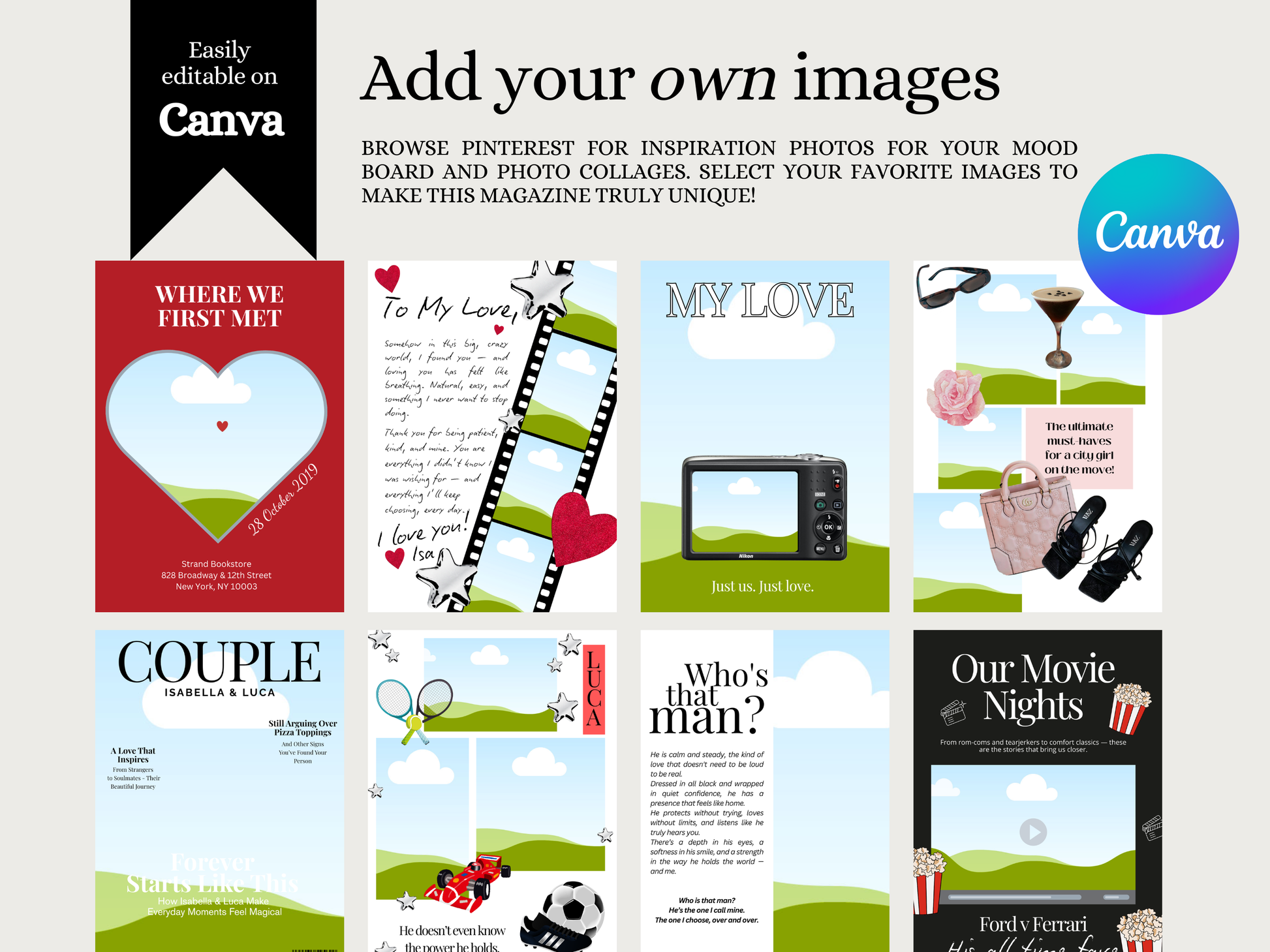 A promotional collage for a customizable Canva mood board and photo collage template kit. The image features the text 'Add your own images' and 'Easily editable on Canva' alongside several sample vertical template designs with romantic, couple, and movie-themed layouts.