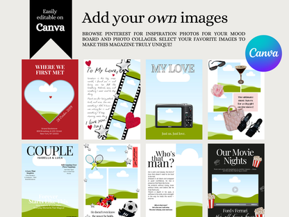 A promotional collage for a customizable Canva mood board and photo collage template kit. The image features the text 'Add your own images' and 'Easily editable on Canva' alongside several sample vertical template designs with romantic, couple, and movie-themed layouts.