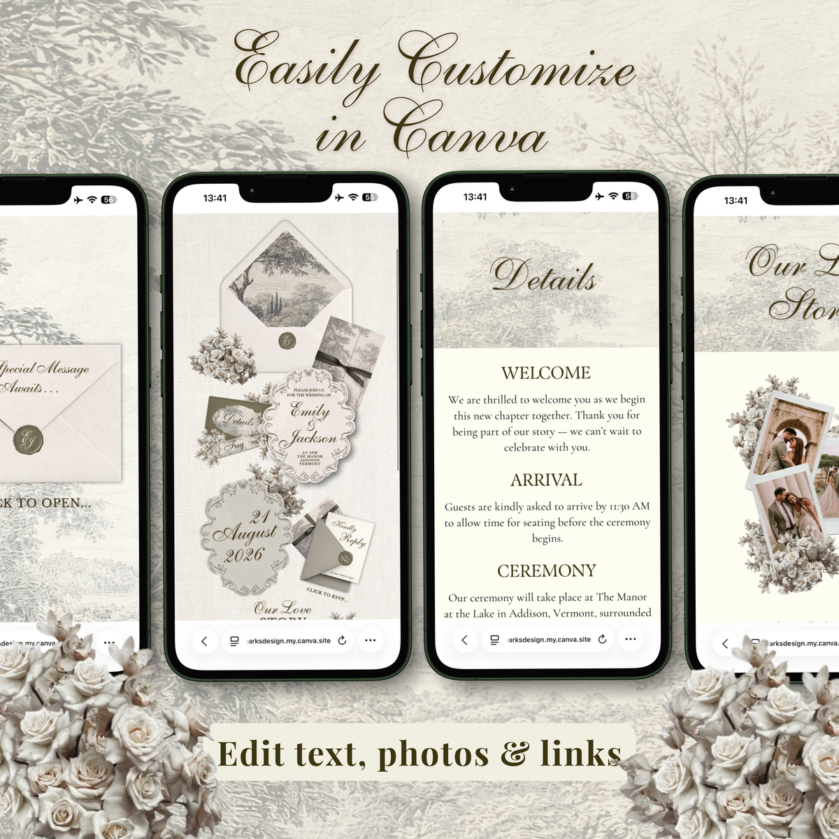 A promotional graphic showing four smartphone mockups displaying a wedding invitation or event details template. The screens feature elegant beige, cream, and gray designs with floral and envelope illustrations.