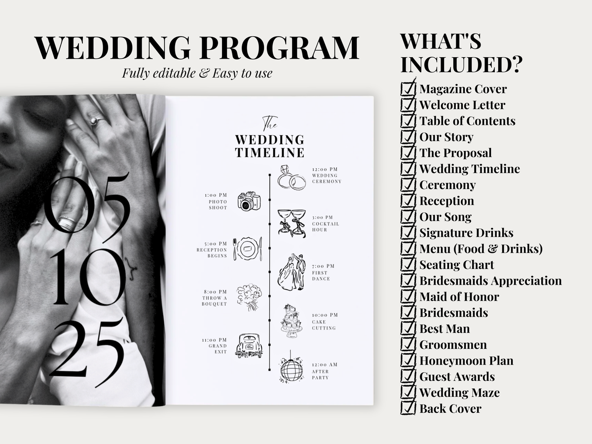 A digital preview of a wedding program and timeline template, featuring a black-and-white photo of a groom on the left, a central wedding timeline page, and a checklist of included items on the right against a light beige background.
