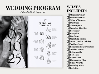 A digital preview of a wedding program and timeline template, featuring a black-and-white photo of a groom on the left, a central wedding timeline page, and a checklist of included items on the right against a light beige background.