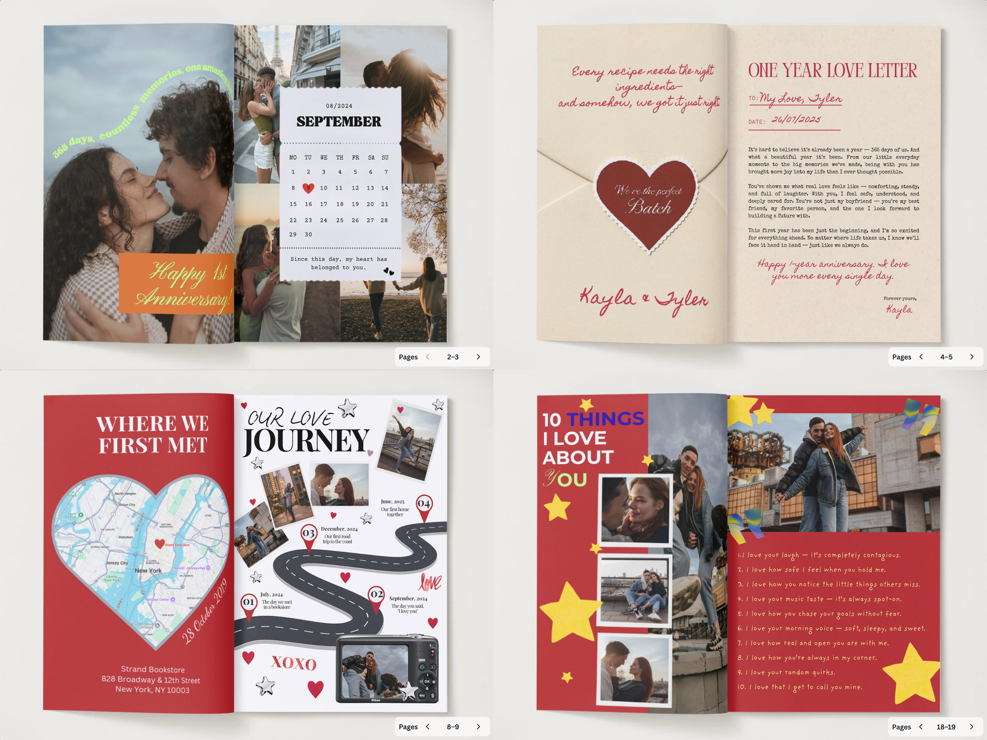 Four open booklet-style templates shown in a 2x2 grid, featuring romantic wedding or anniversary layouts with photos of couples, hearts, stars, maps, and text sections such as 'Where We First Met,' 'Our Love Journey,' and '10 Things About You.'.