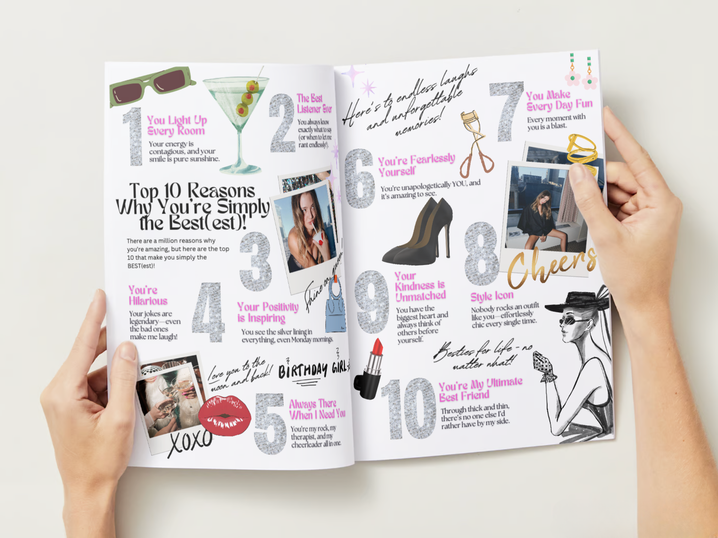 A person holds open a printed booklet or planner-style guide with two spread pages. The pages contain decorative text, numbered steps, small photos, and illustrations including sunglasses, a martini glass, a high heel, lipstick, and a woman in a hat.