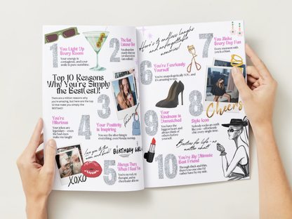 A person holds open a printed booklet or planner-style guide with two spread pages. The pages contain decorative text, numbered steps, small photos, and illustrations including sunglasses, a martini glass, a high heel, lipstick, and a woman in a hat.