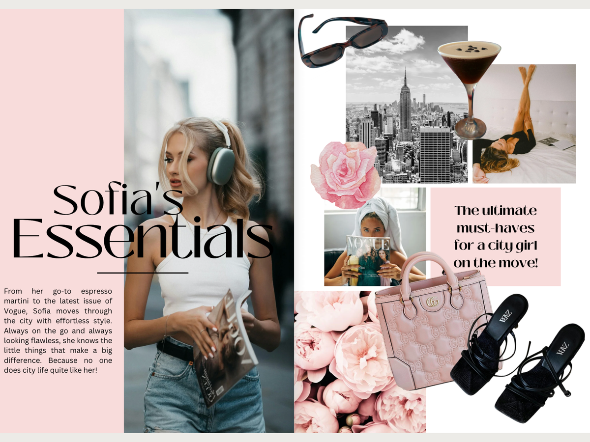 A styled editorial collage titled 'Sofia's Essentials' featuring a woman wearing over-ear headphones, pink and black fashion accessories, a pink handbag, sunglasses, shoes, flowers, and city imagery, with text and magazine references.