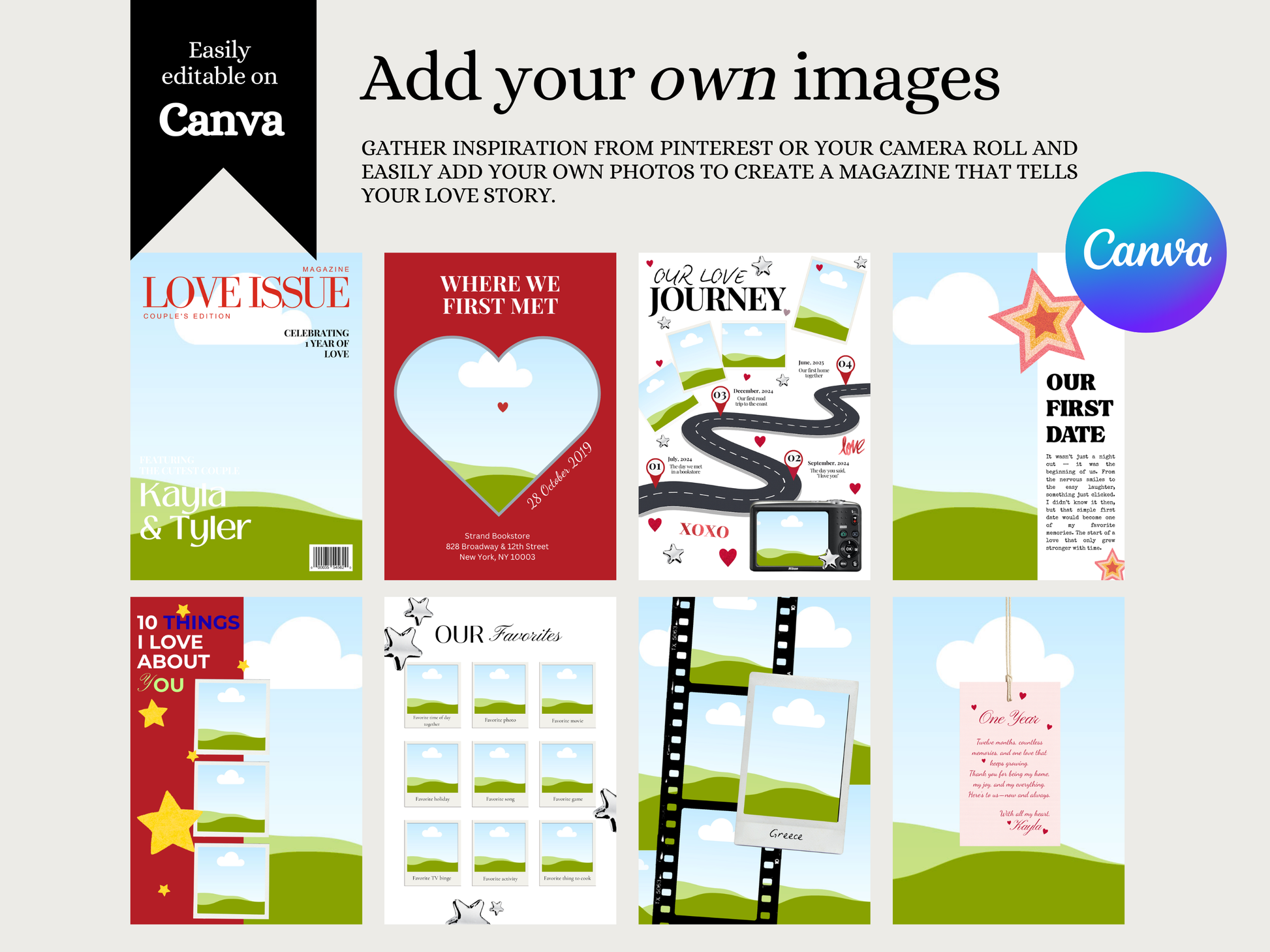 A promotional graphic for a Canva love-themed magazine template pack, showing the headline 'Add your own images' and multiple sample magazine cover and page designs with hearts, roads, film reels, and date cards. The Canva logo appears in a blue-purple circle, and the Canva wordmark is visible on the top-left black label.