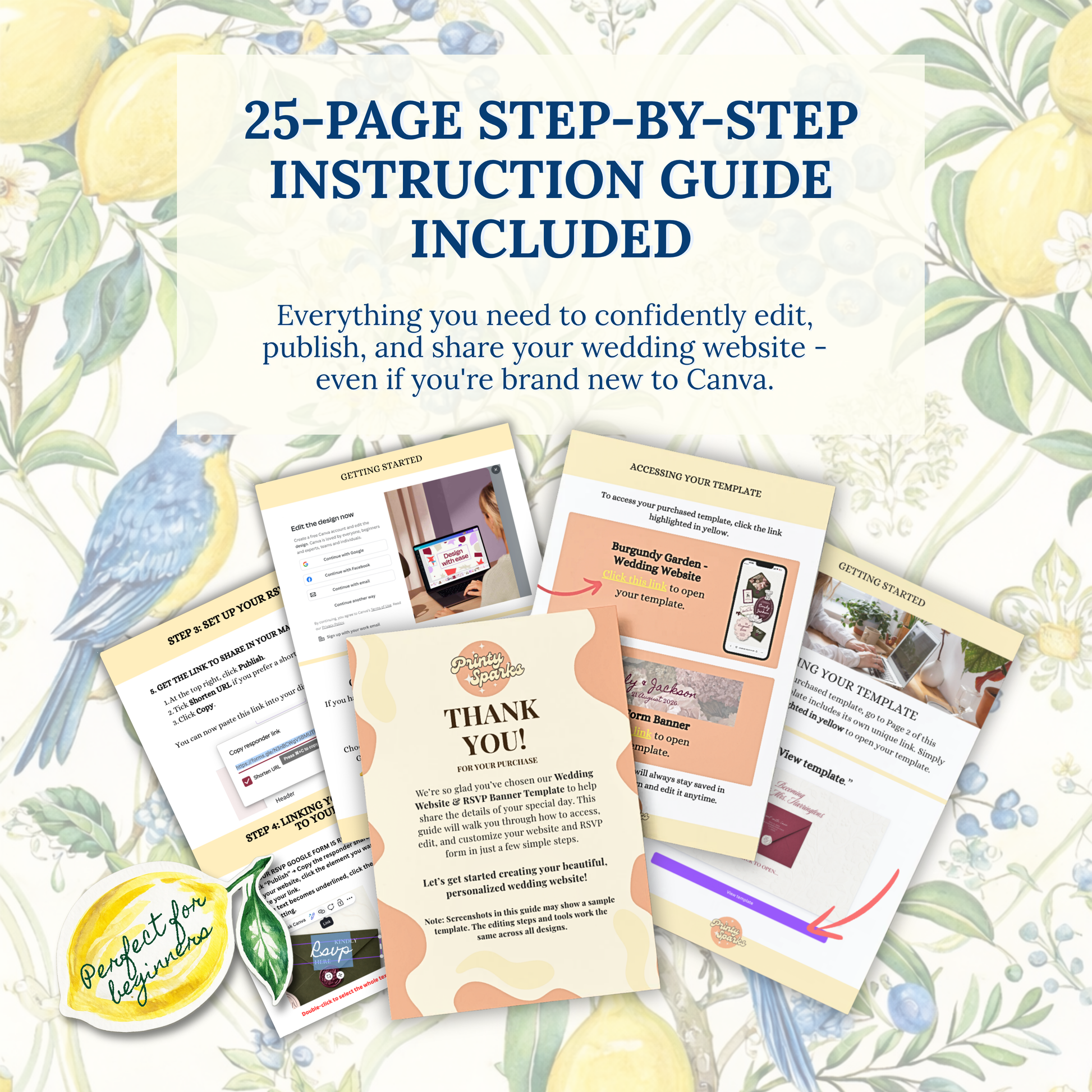 Promotional graphic for a 25-page step-by-step instruction guide included with a wedding website template. The design features a floral and bird patterned background with a central cream panel containing blue text, surrounded by sample instruction sheets and a thank-you card.