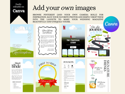 A digital template preview sheet for Canva wedding invitation designs, showing multiple layout options such as forever, our love journey, meet the bride, first to RSVP, fun facts, and signature drinks. The image includes text instructions and a Canva logo on a beige background.