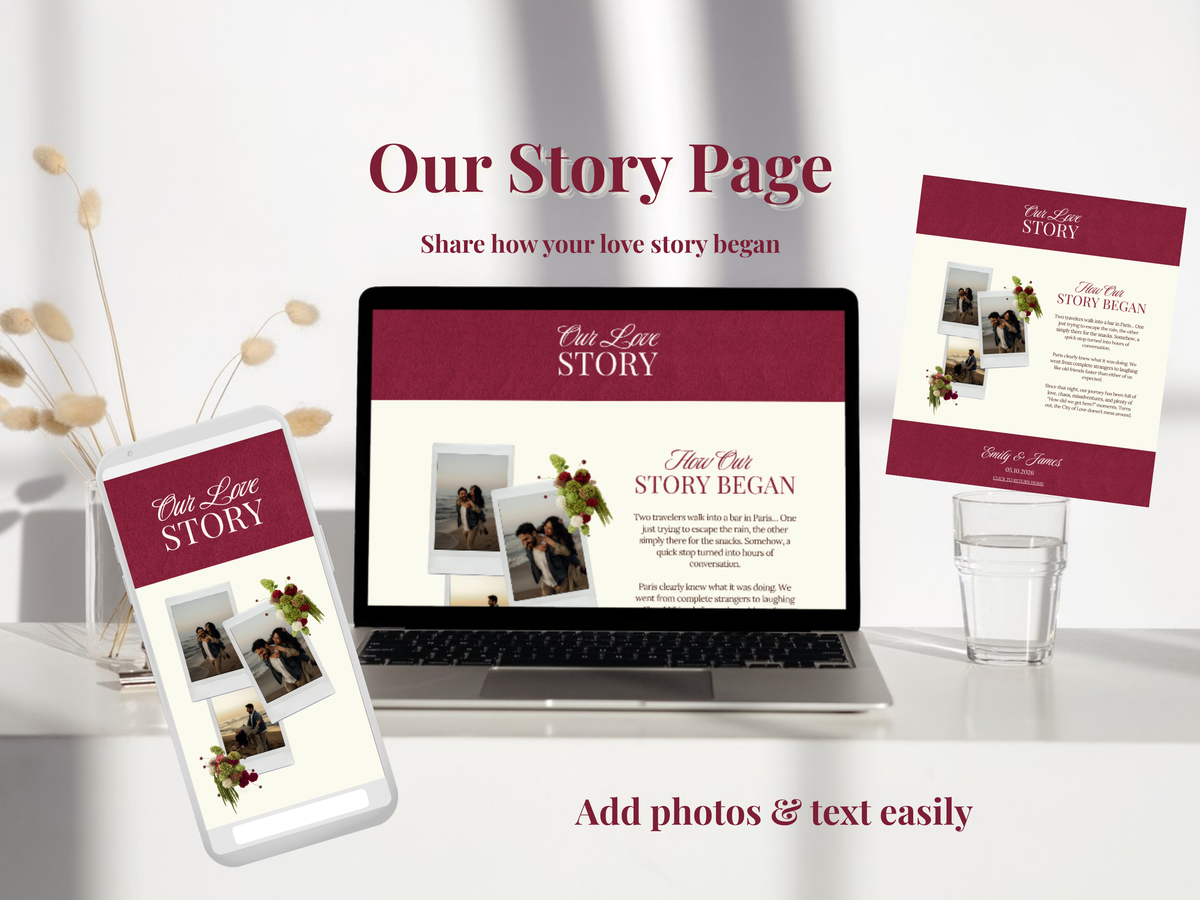 A promotional mockup showing a wedding or memorial 'Our Story Page' template displayed on a laptop, a smartphone, and a printed card on a white tabletop. The design uses a deep burgundy header with cream text and photo placeholders, plus decorative dried stems and a glass of water in the background.