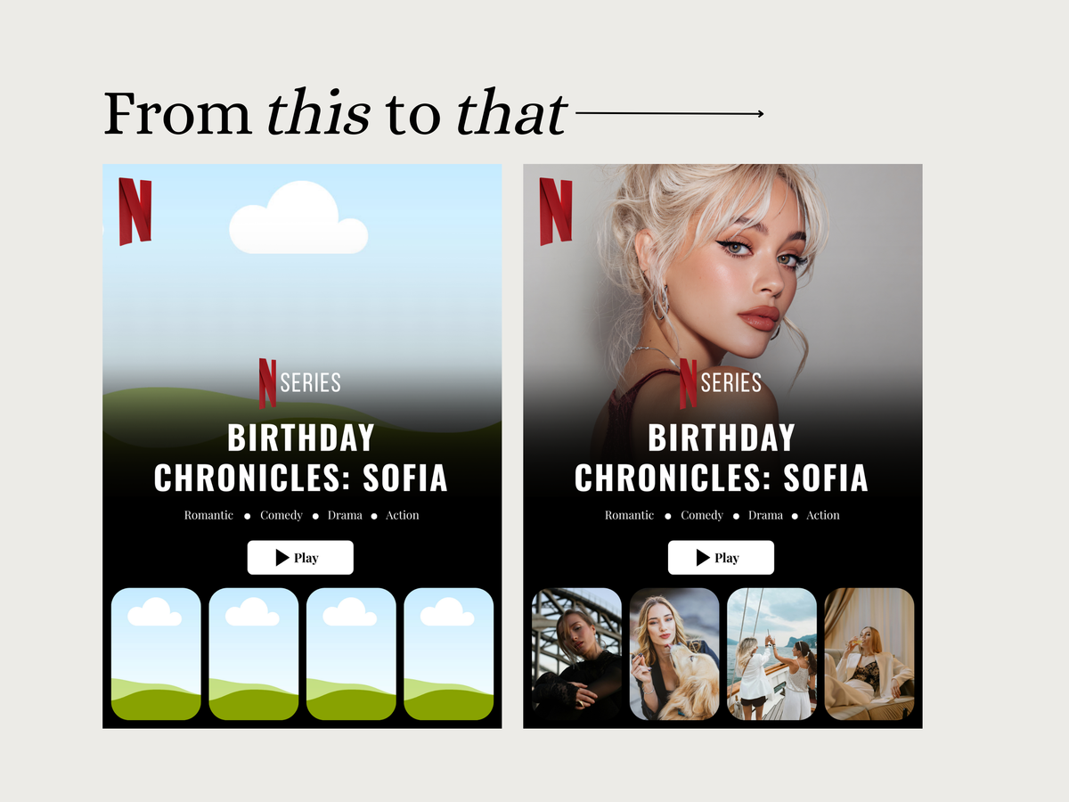 A comparison graphic titled 'From this to that' shows two Netflix series posters for 'Birthday Chronicles: Sofia' side by side on a light gray background. The left poster has a landscape background with green hills and blue sky, while the right poster is dark with a portrait of a woman and smaller scene thumbnails at the bottom.
