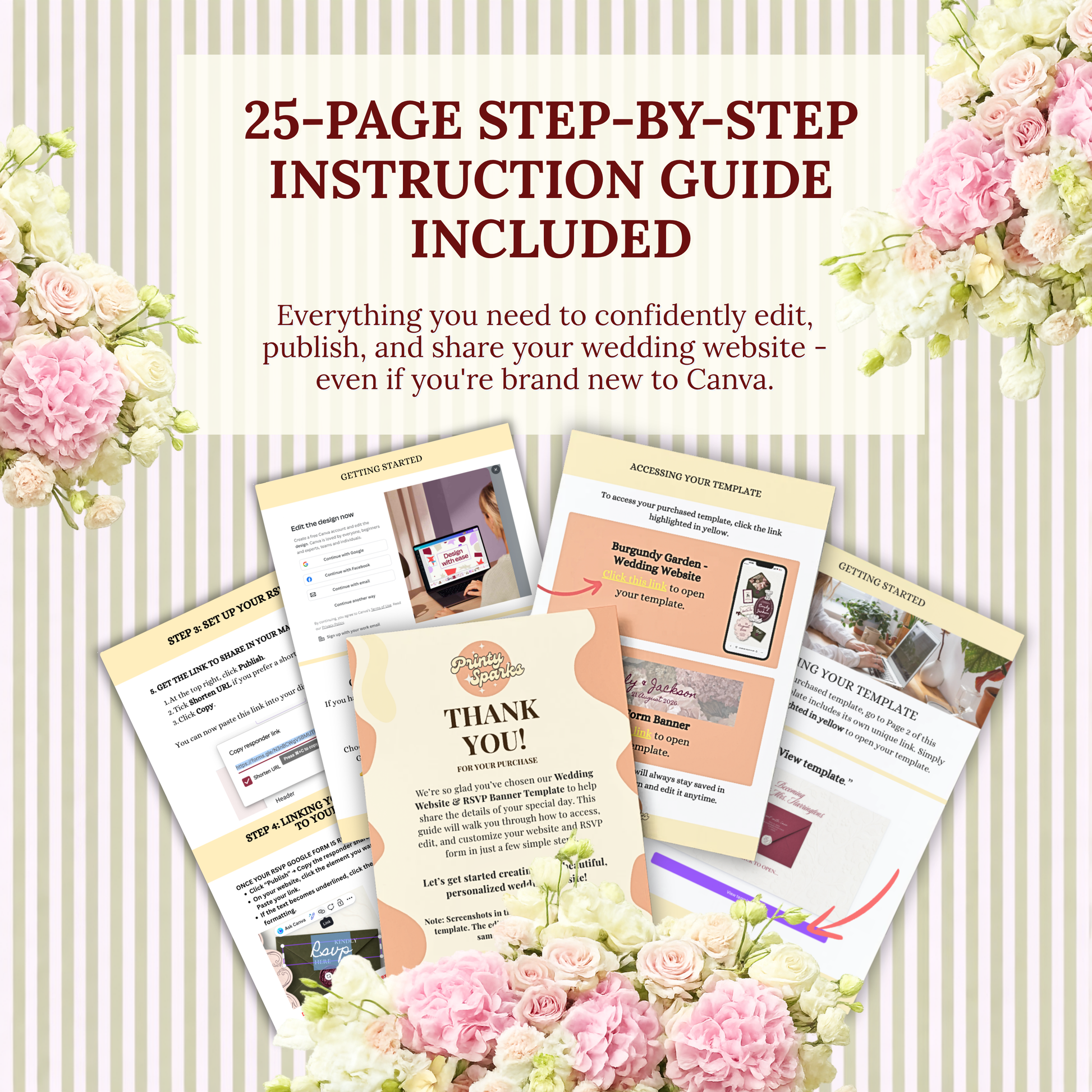 Promotional graphic for a 25-page step-by-step instruction guide template, showing several overlapping instruction sheets and a thank-you card arranged on a cream striped background with pink and white flowers. Text reads: '25-PAGE STEP-BY-STEP INSTRUCTION GUIDE INCLUDED' and describes wedding website editing support on Canva.