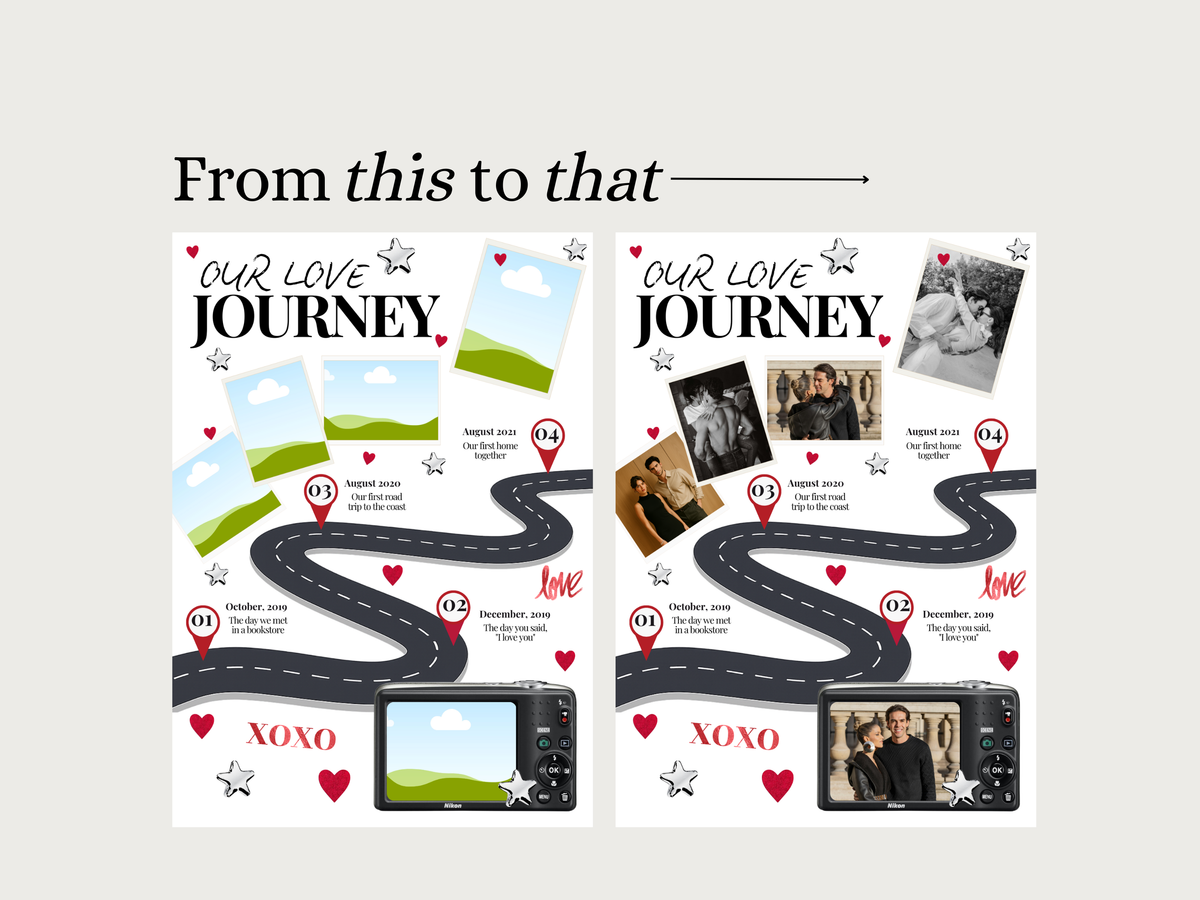 A digital template preview for a 'From this to that' wedding or relationship journey collage, showing two white layout designs with placeholder photos, red hearts, stars, and a winding road graphic.
