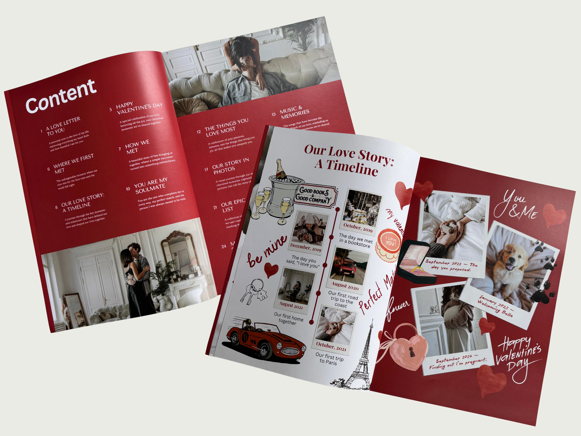 A set of printed wedding or anniversary brochures and programs displayed on a light gray background. The brochures feature a color scheme of deep red and white, with photos of a couple and their dog, a red classic car illustration, and sections labeled 'Content' and 'Our Love Story: A Timeline'.