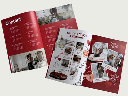A set of printed wedding or anniversary brochures and programs displayed on a light gray background. The brochures feature a color scheme of deep red and white, with photos of a couple and their dog, a red classic car illustration, and sections labeled 'Content' and 'Our Love Story: A Timeline'.