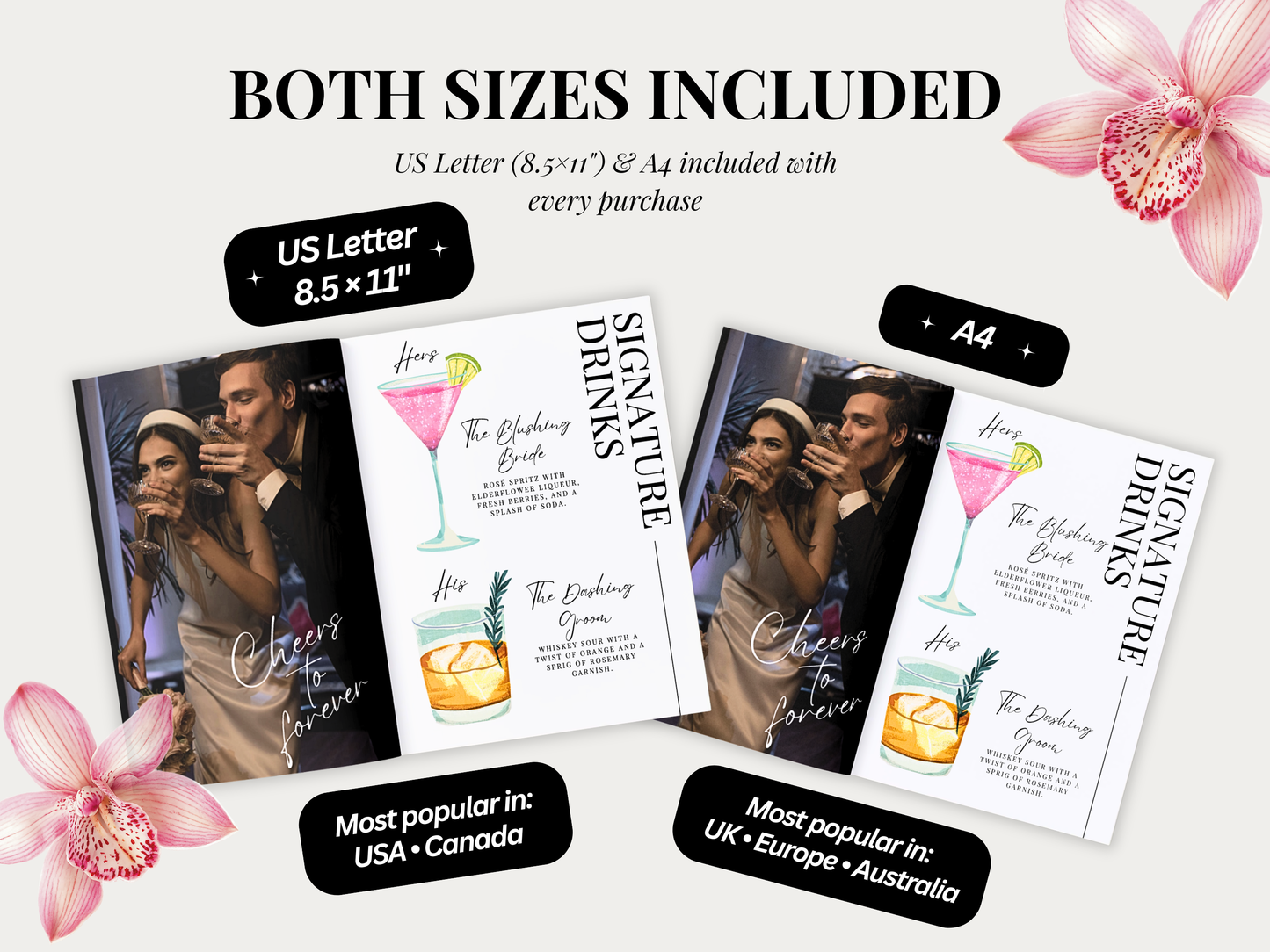 Promotional graphic showing both US Letter and A4 sizes of a customizable 'Signature Drinks' wedding invitation template. The templates feature a white background with elegant black typography, colorful cocktail illustrations, and placeholder photos of a couple.
