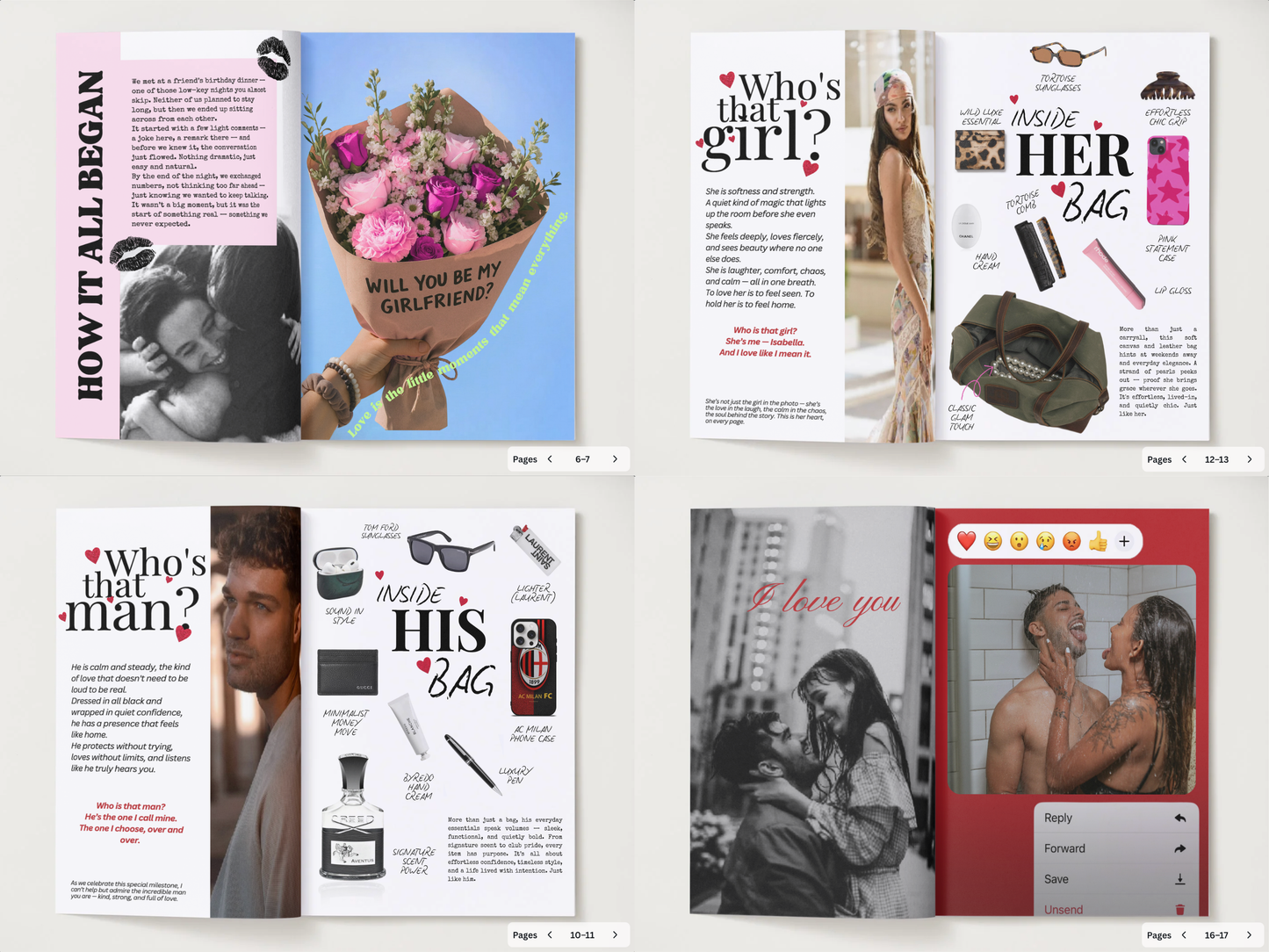 A four-panel preview of a digital social media or Instagram story template pack titled 'Who's that girl? / Who's that man? / Inside her bag / Inside his bag'. The templates feature romantic layouts with photos of couples, pink and red accents, and various accessories like sunglasses, perfume, and a bouquet of flowers.