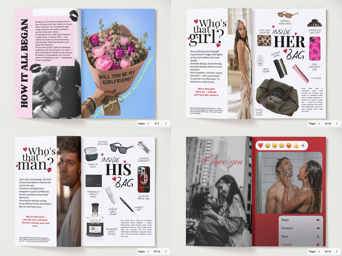 A four-panel preview of a digital social media or Instagram story template pack titled 'Who's that girl? / Who's that man? / Inside her bag / Inside his bag'. The templates feature romantic layouts with photos of couples, pink and red accents, and various accessories like sunglasses, perfume, and a bouquet of flowers.