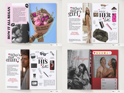 A four-panel preview of a digital social media or Instagram story template pack titled 'Who's that girl? / Who's that man? / Inside her bag / Inside his bag'. The templates feature romantic layouts with photos of couples, pink and red accents, and various accessories like sunglasses, perfume, and a bouquet of flowers.