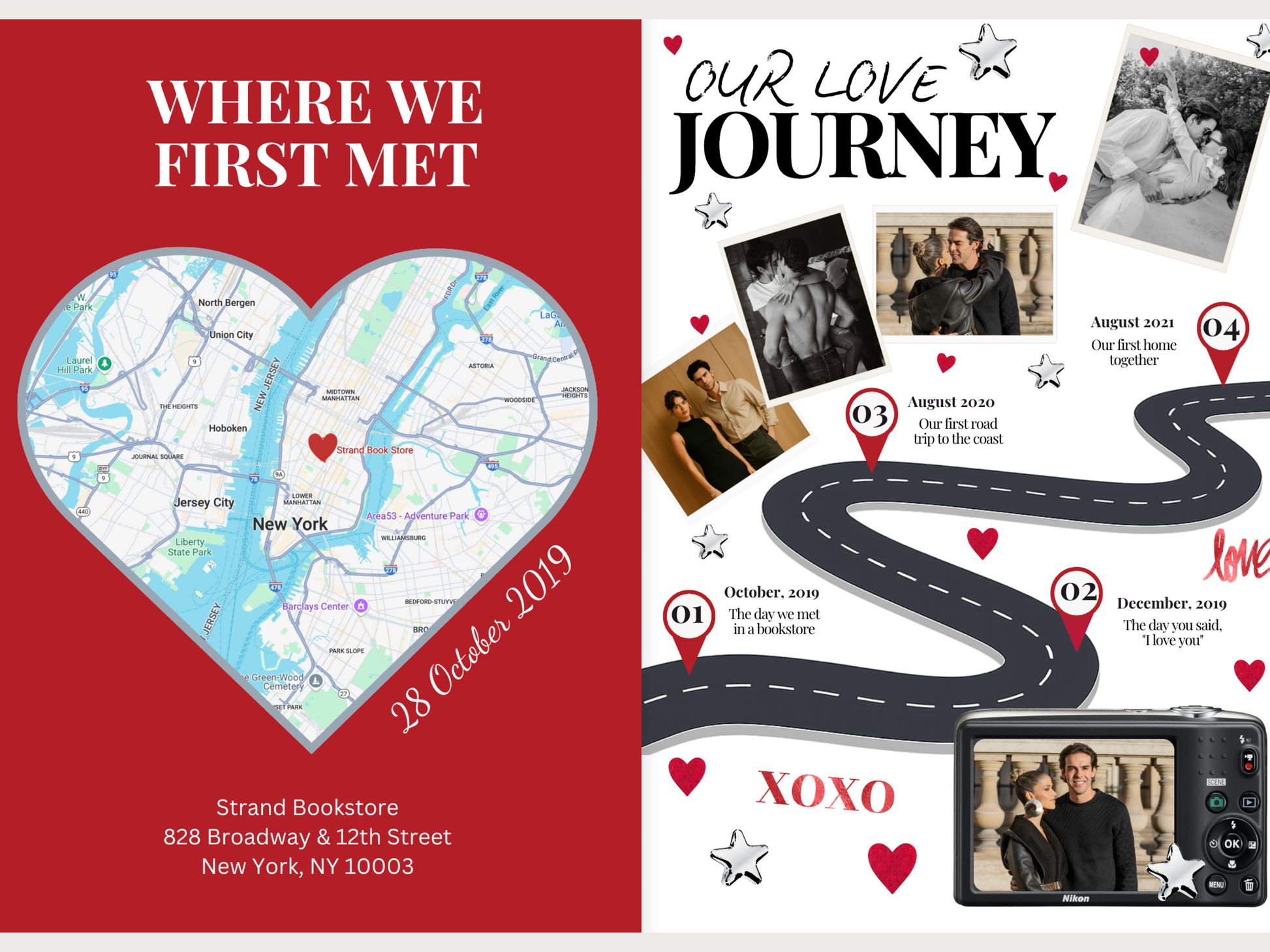 A wedding keepsake photo book cover design shown in two panels: a red left panel titled 'WHERE WE FIRST MET' with a heart-shaped map of New York and the date '28 October 2019'; a white right panel titled 'OUR LOVE JOURNEY' with photos, stars, hearts, route lines, and dated memories, plus a small photo frame at the bottom.