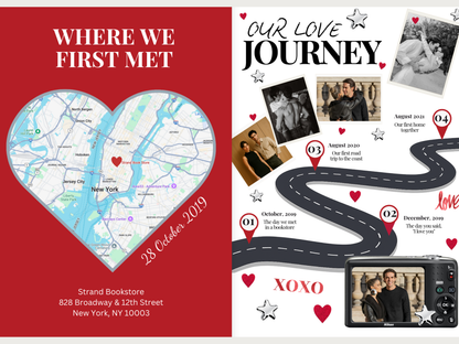 A wedding keepsake photo book cover design shown in two panels: a red left panel titled 'WHERE WE FIRST MET' with a heart-shaped map of New York and the date '28 October 2019'; a white right panel titled 'OUR LOVE JOURNEY' with photos, stars, hearts, route lines, and dated memories, plus a small photo frame at the bottom.