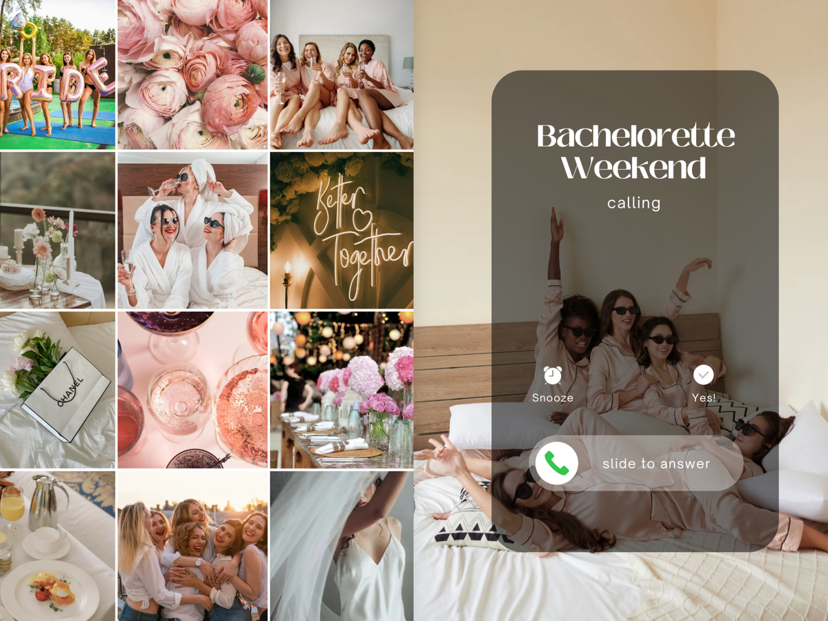 A collage-style promotional graphic featuring multiple wedding and bachelorette-themed photos alongside a smartphone call interface labeled 'Bachelorette Weekend calling.' The right side shows a bed scene with people lying down, and the left side contains a grid of pink, bridal, and party imagery.