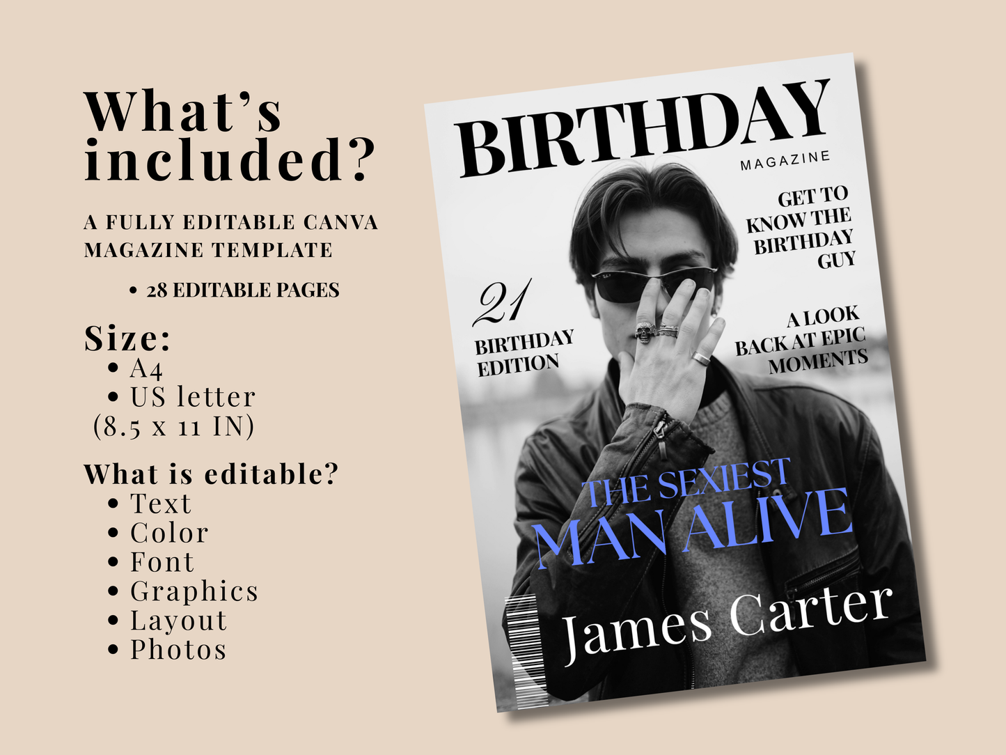 A promotional graphic for a digital Canva magazine template, showing a sample birthday edition cover styled like a magazine with a black-and-white portrait of James Carter and text such as 'BIRTHDAY MAGAZINE' and 'THE SENIEST MAN ALIVE.' The left side lists included features and size details on a beige background.