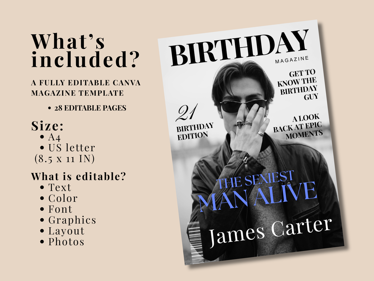 A promotional graphic for a digital Canva magazine template, showing a sample birthday edition cover styled like a magazine with a black-and-white portrait of James Carter and text such as 'BIRTHDAY MAGAZINE' and 'THE SENIEST MAN ALIVE.' The left side lists included features and size details on a beige background.
