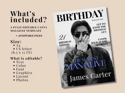 A promotional graphic for a digital Canva magazine template, showing a sample birthday edition cover styled like a magazine with a black-and-white portrait of James Carter and text such as 'BIRTHDAY MAGAZINE' and 'THE SENIEST MAN ALIVE.' The left side lists included features and size details on a beige background.