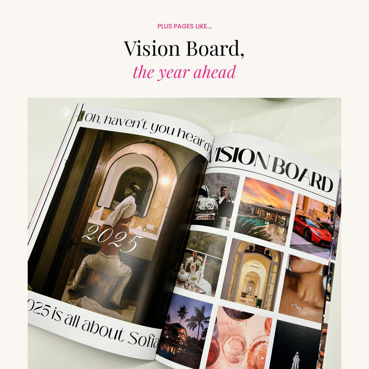 An open magazine or book spread with editorial photos and the headline 'Vision Board, the year ahead' on a light cream background. The pages show a mix of architectural, automotive, fashion, and lifestyle images, with 'Vision Board' printed prominently across the right page.