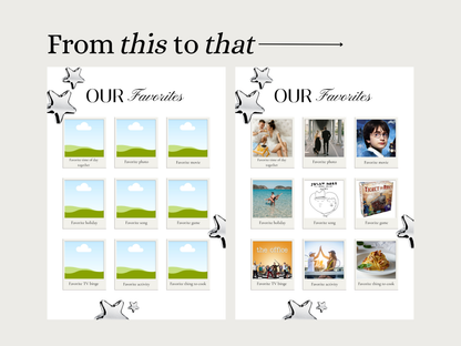 A printed or digital comparison layout titled "From this to that" with two white cards labeled "OUR Favorites," showing sample photos and captions for favorite scenes, places, and things. The design uses a light gray background and decorative star doodles.