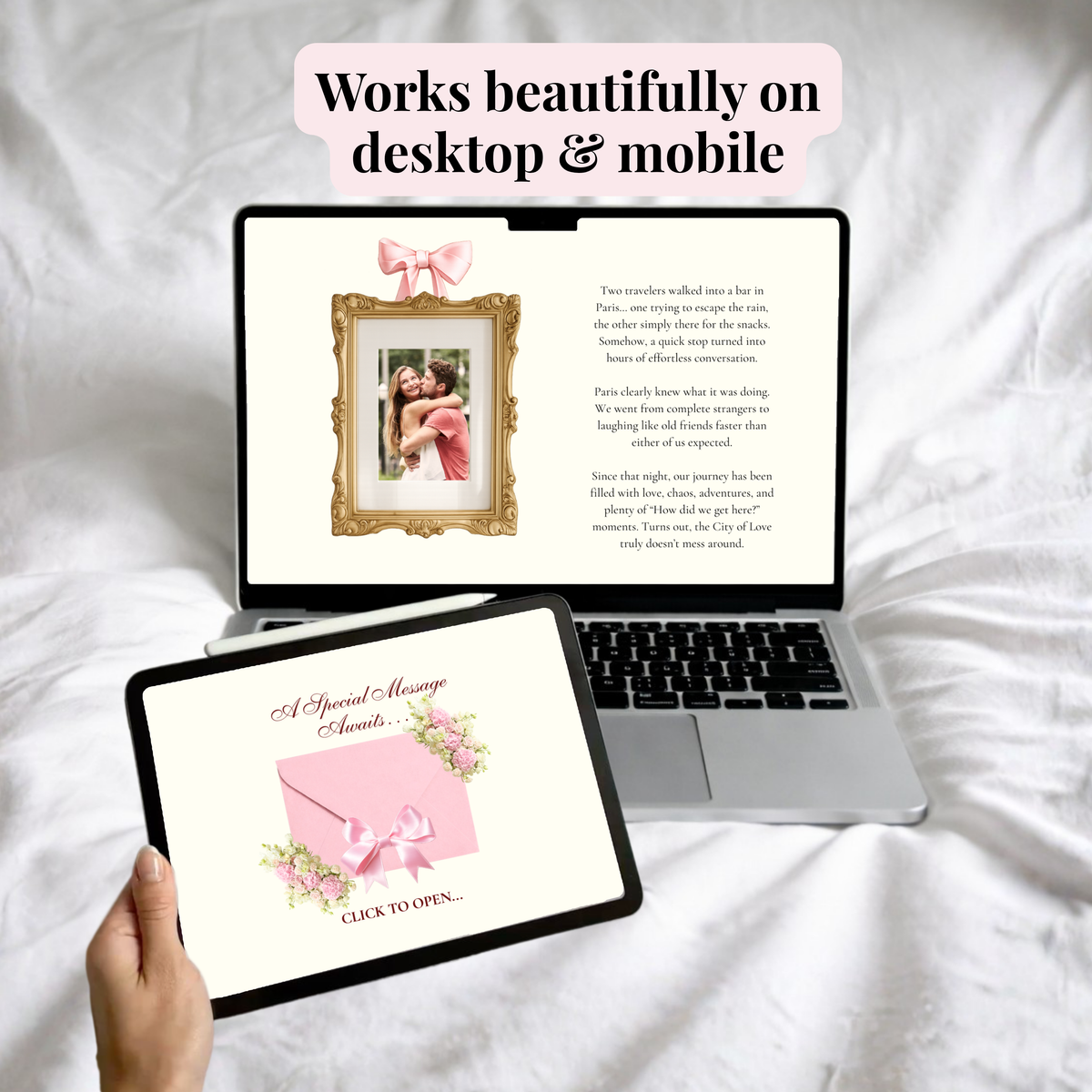 A hand holds a tablet showing a pink message card design, with a laptop above it displaying the same design on a desktop and mobile view. The scene is set against white draped fabric with the text 'Works beautifully on desktop & mobile' at the top.