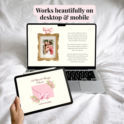 A hand holds a tablet showing a pink message card design, with a laptop above it displaying the same design on a desktop and mobile view. The scene is set against white draped fabric with the text 'Works beautifully on desktop & mobile' at the top.